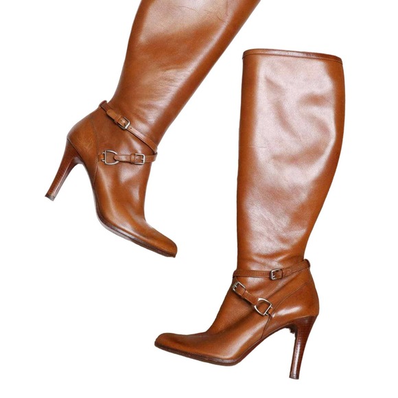 Ralph Lauren Shoes - RALPH LAUREN Burnished Calfskin Leather Heeled Boots Cognac Brown Size 7.5B